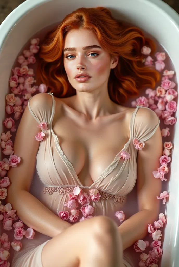 Vogue lifestyle A copper-haired Humid immersed in a bathtub filled with water with flower petals floating around her. Her skin is luminous and her expression is serene and elegant. Wear a delicate transparent fabric dress with floral embroidery that blends...