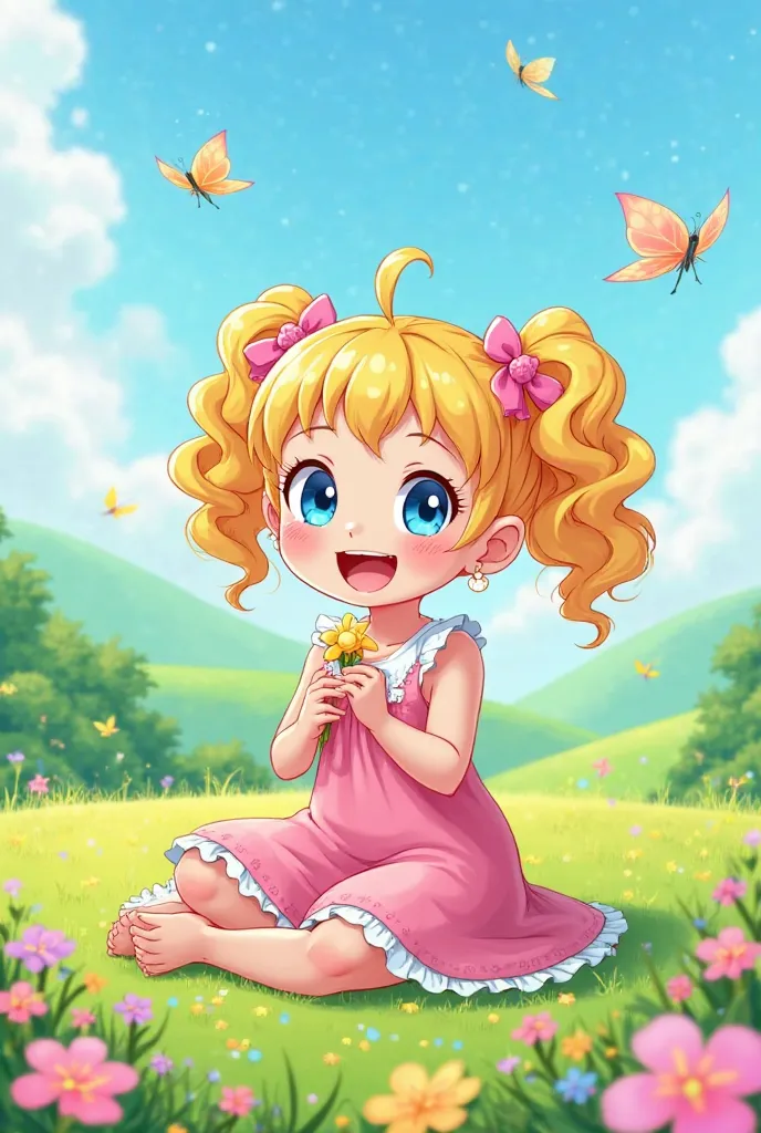 Prompt:

"A joyful and energetic  girl, Lily Carter, sits in a bright, cheerful meadow, surrounded by colorful flowers and butterflies. She has curly golden-blonde hair tied into two playful ponytails and big, sparkling blue eyes full of curiosity and exci...