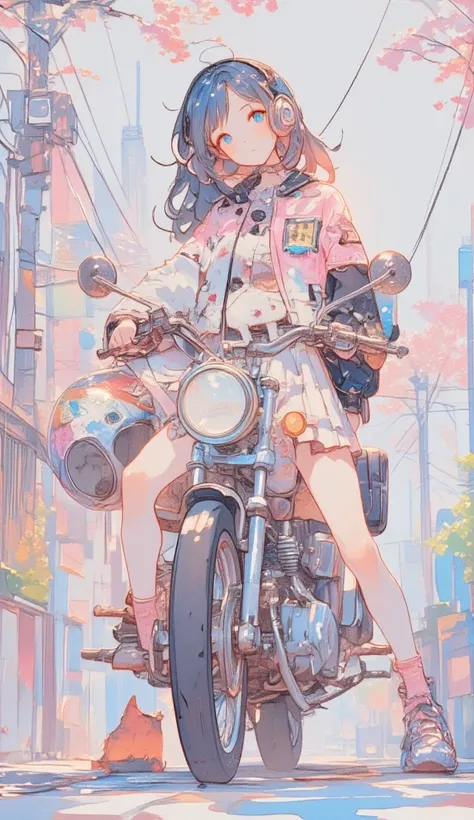 top quality,       masterpiece,   very accurate,   Hi-Res,    Beautiful 8K Computer Graphic Art,  Perfect Anatomy,  perfect configuration,     blue eyes，         black hair，       headphones  ，with a red ribbon on his head， Pleated Mini ￥skirt，pale pink an...