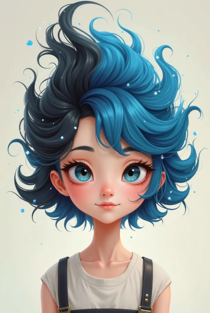 Pretty short haired girl with cartoon-style hair that is blue on the inside and black on the outside