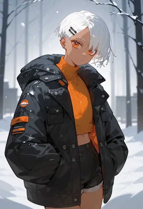  1,1 person,My brother has white hair, Short hair, hair clip, The black coat , Tanned skin,  Orange Eyes , winter, undercut 