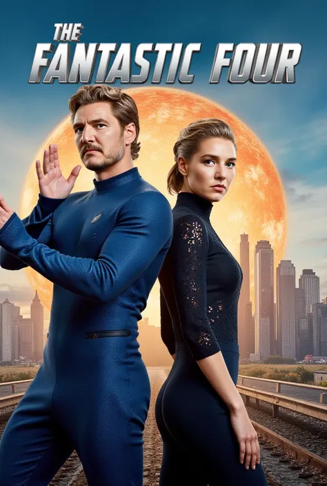 Create a "The Fantastic Four" movie poster in 4K resolution. Feature Pedro Pascal as Reed Richards stretching realistically and Vanessa Kirby as Sue Storm fading invisibly, with a retro 1960s cityscape behind. The title "The Fantastic Four" is in bold, sil...