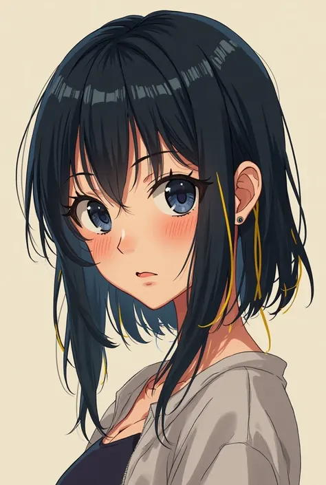 You have an anime-style girl with black hair and yellow highlights with dark blue eyes and who is from the waist up 