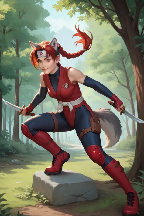 Ninja girl, hiding around trees, girl with wolf ears, girl with wolf tail, shinobi outfit with red elements, ninja suit, prepare to attack , keep dagger 