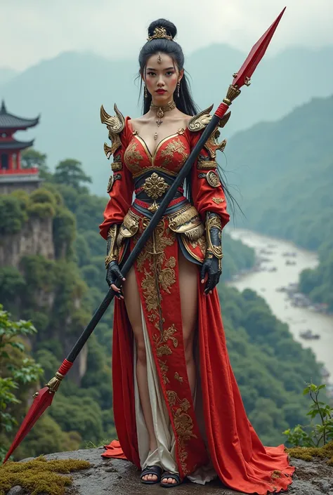 Close up,Front view of the black mythical film character Wukong, a young women and beautifull knight,ideal body,ideal big breast,elegant black long hair Bun, wearing a colossal and epic Chinese battle slim fit armor, a combination of red,gold and white, an...