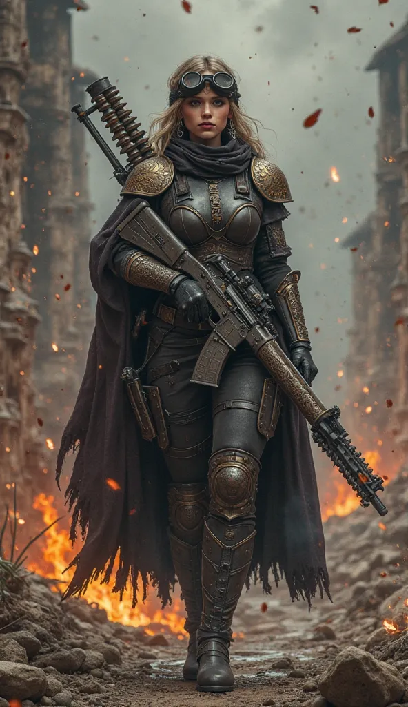 An England female sharpshooter in dark fantasy gear, wearing rune-etched armor, a long cloak, and a utility belt filled with ammunition. A pair of goggles rests on her forehead, and her sharp eyes radiate deadly focus. Strapped to her back is a massive, ru...