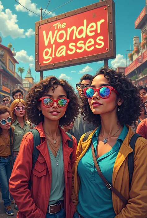 People wearing glasses of different colors with a sign in the background that says THE Wonder glasses 