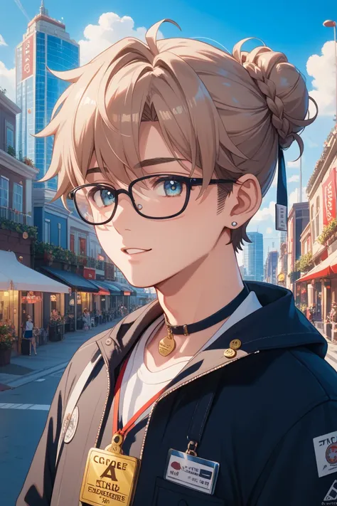 male　Droopy eyes　stylish glasses　low bun head　The hair color is ochre 　 the background is the city