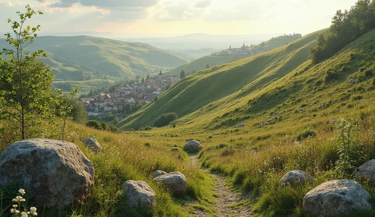 photography, professional photos, a hill with views of villages, bushes, weeds, trees, rocks