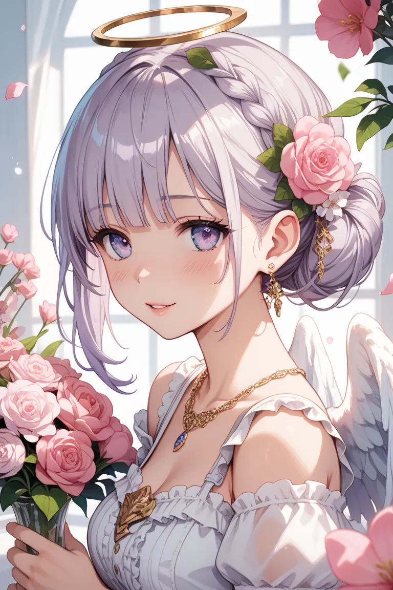 A young, light-skinned female anime character, positioned from the mid-thighs up, is depicted. She has long, flowing, light purple-gray hair adorned with small, delicate pink flowers. Her eyes are a vivid purple, and her expression is gentle and serene, wi...