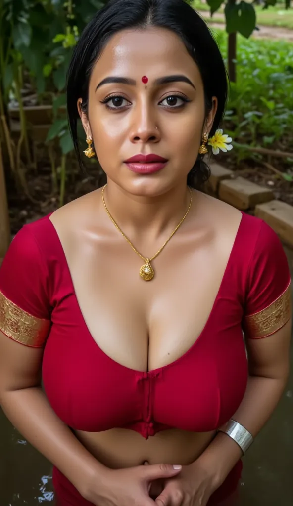 full body view, Front and side isometric view,Knee length photo of an Indian volptous thick milf, having shower, bathing, near pond, jungle, village area, with lust in her eyes, black hair tied around, jasmin flowers in head,sandal mark on forehead, sindhu...