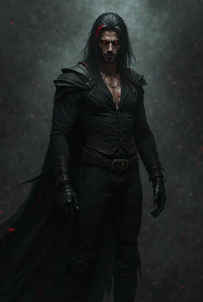 A red-eyed red-striped black-haired male dressed in black with some effect of darkness 