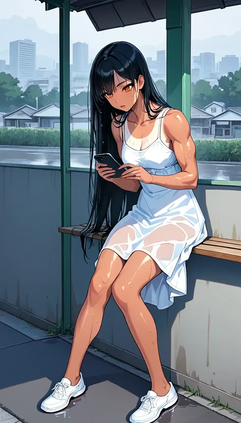 Super detail, 8K, super detailed illustration, sharp shadows, highest quality, super detailed face, porcelain skin, wet hair, super detailed eyes, super detailed lips, dark tan lines on white skin, person waiting at bus stop, covered waiting area, waiting ...