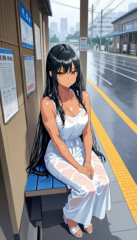 super detail、 8k、super detailなイラスト、Sharp Shadows、Highest quality、super detailな顔、  Pottery Skin 、wet hair、super detailな目、super detailな唇、dark tan marks on white skin、People Waiting at the Bus Stop, Covered Waiting Area,  Waiting Posture , Rainy Day, Rainy Sc...