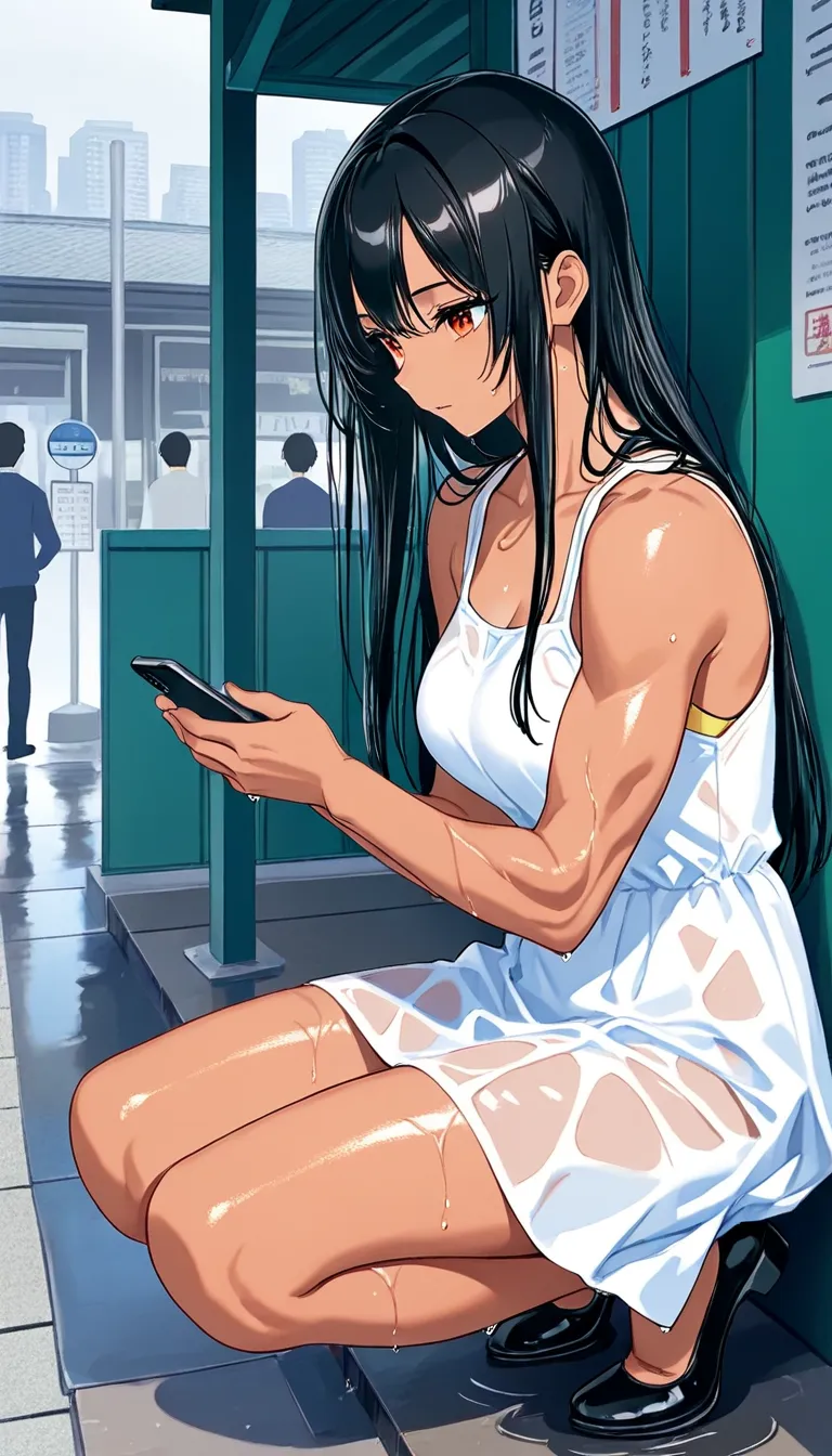 super detail、 8k、super detailなイラスト、Sharp Shadows、Highest quality、super detailな顔、  Pottery Skin 、wet hair、super detailな目、super detailな唇、dark tan marks on white skin、People Waiting at the Bus Stop, Covered Waiting Area,  Waiting Posture , Rainy Day, Rainy Sc...