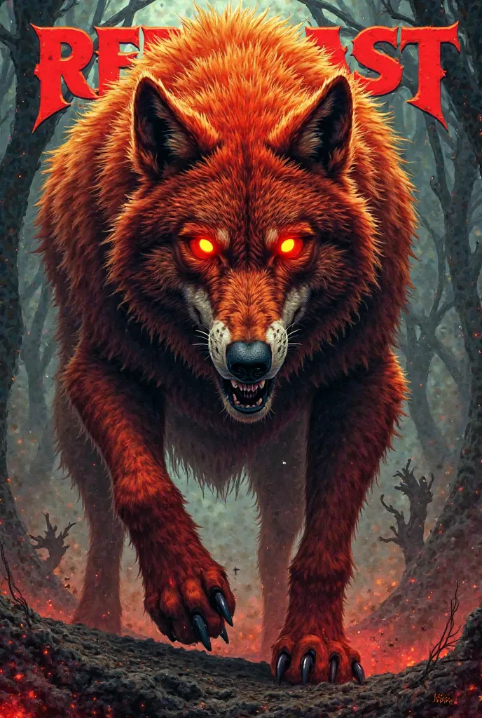 Cover of a comic called Red Beast with a wolf with yellow and red eyes 