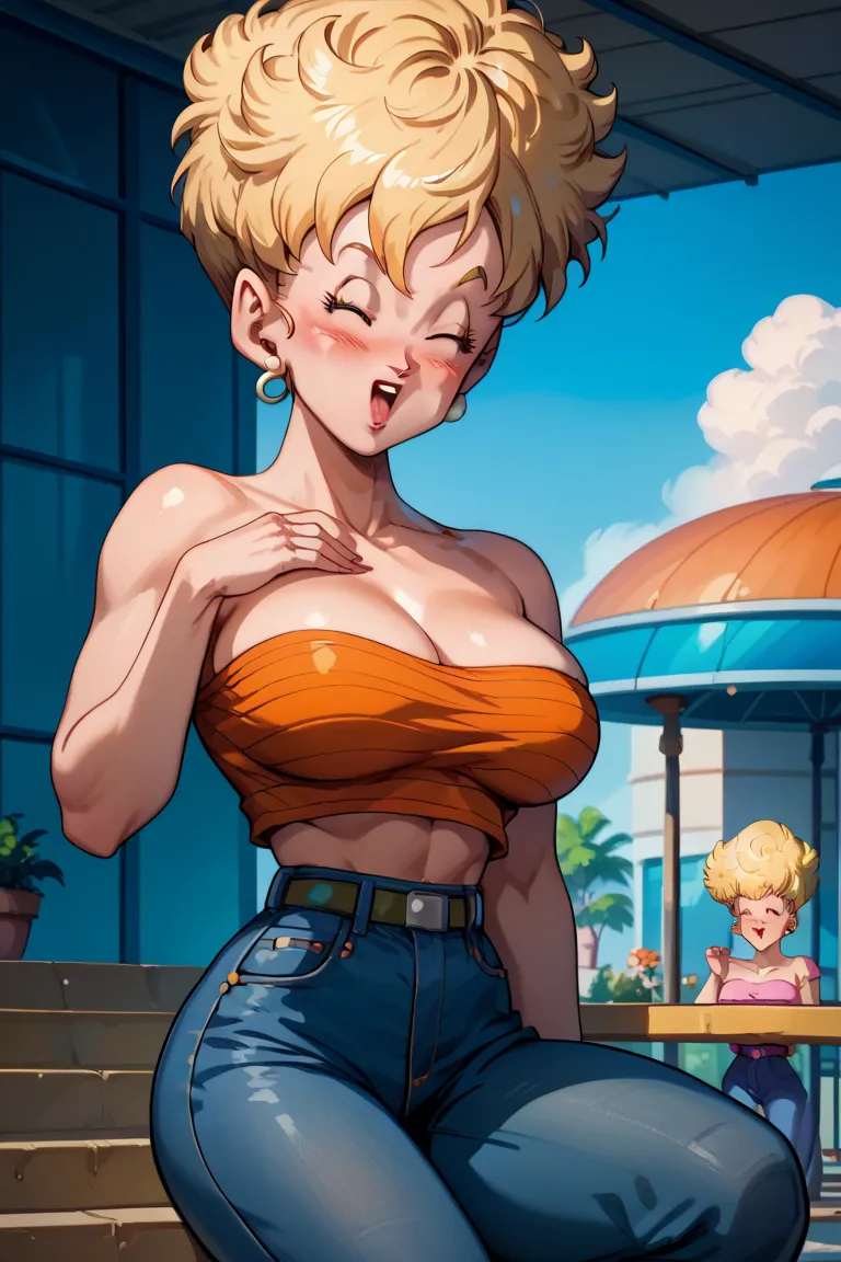 1 women, Panchy briefs, dragon ball super, big boobs, big tits, blush, naughty face, High resolution, body masterpiece, Precise, closed eyes, orange strapless top, jeans, moved, short hair, blonde hair, erotic pose,