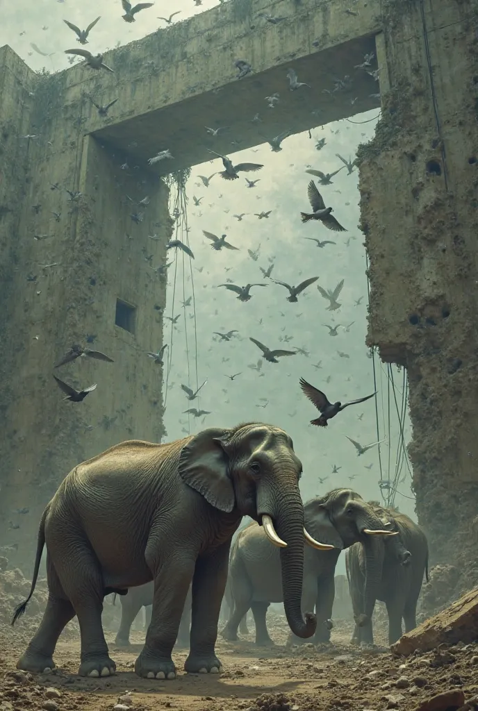 A scene of ababil falling concrete on elephants