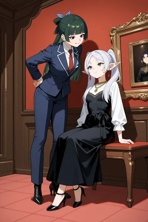 2girls, kusuriya no hitorigoto, maomao\(heavy eyeshadow, navy man's suits, small breasts, white shirt, red necktie, pants, low heel shoes\), BREAK, sousou no frieren, frieren\(heavy eyeshadow, gold necklace, small breasts, black dress with intricate gold e...