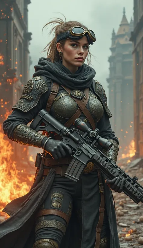 An Canadian female sharpshooter in dark fantasy gear, wearing rune-etched armor, a long cloak, and a utility belt filled with ammunition. A pair of goggles rests on her forehead, and her sharp eyes radiate deadly focus. Strapped to her back is a massive, r...