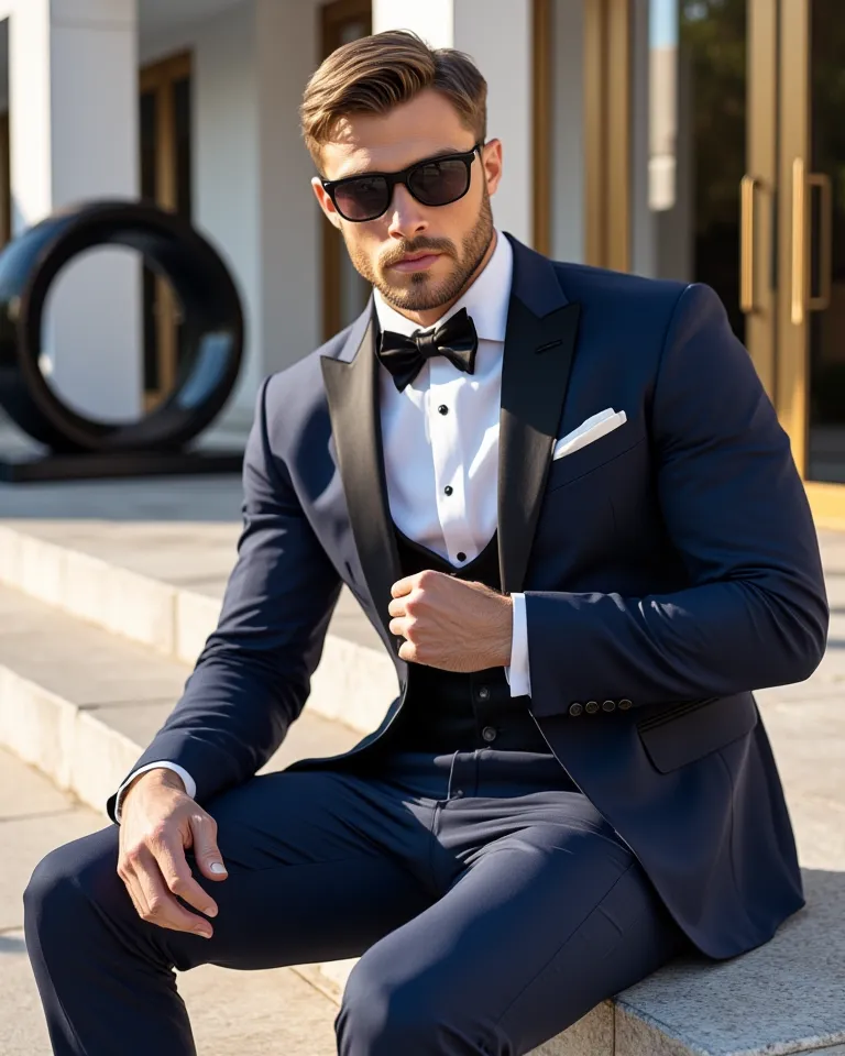 A sophisticated and confident man sitting on stone stairs in front of a modern and luxurious building.  His build is athletic ,  with a relaxed but elegant posture .  His face is angular ,  with a well-defined jaw , prominent cheekbones and a beard trimmed...