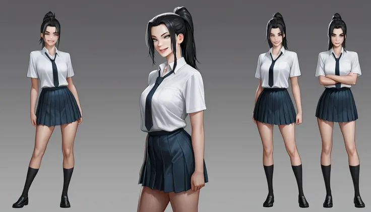 Sung Jinah from solo leveling, full body, a young girl with large gray eyes and brownish-black hair wears in a ponytail, sexy evocative smile, wearing a school uniform, realistic, masterpiece, highest quality,  (perfect face:1.1), (sharp focus:1.1),High De...