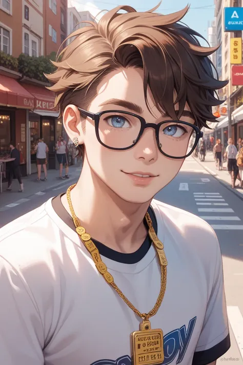 Late 20s　male　stylish glasses　Droopy eyes　handsome　low bun head　The hair color is ochre 　 the background is the city