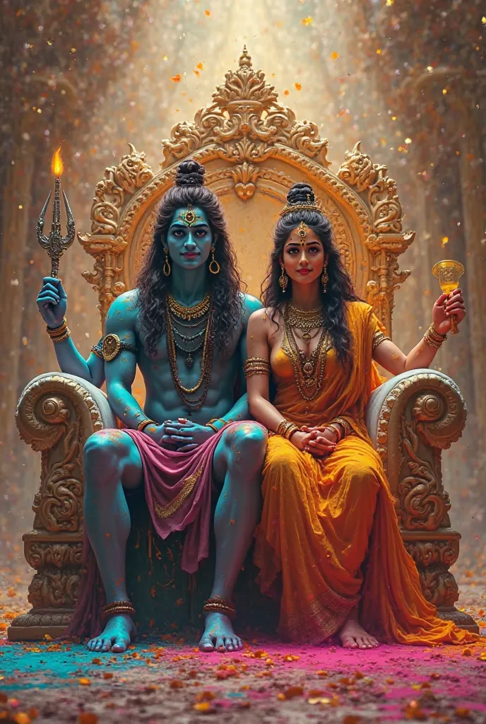 Shiva and Devi Durga** sitting on a beautifully decorated throne, their faces smeared with vibrant Holi colors, as soft golden sunlight enhances their divine presence. 