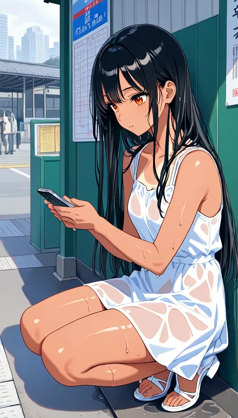 super detail、 8k、super detailなイラスト、Sharp Shadows、Highest quality、super detailな顔、  Pottery Skin 、wet hair、super detailな目、super detailな唇、dark tan marks on white skin、People Waiting at the Bus Stop, Covered Waiting Area,  Waiting Posture , Rainy Day, Rainy Sc...