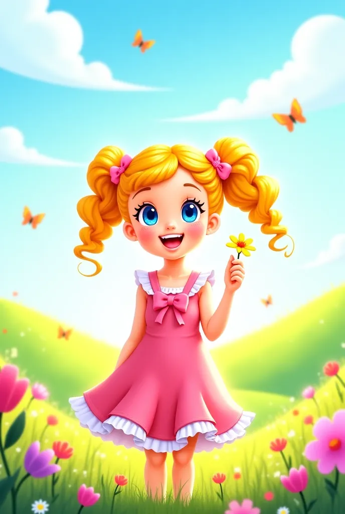 Prompt:

"A bright and cheerful  girl, Lily Carter, is standing in a colorful meadow, surrounded by blooming flowers and fluttering butterflies. She has curly golden-blonde hair tied into two playful ponytails and big, sparkling blue eyes full of curiosity...