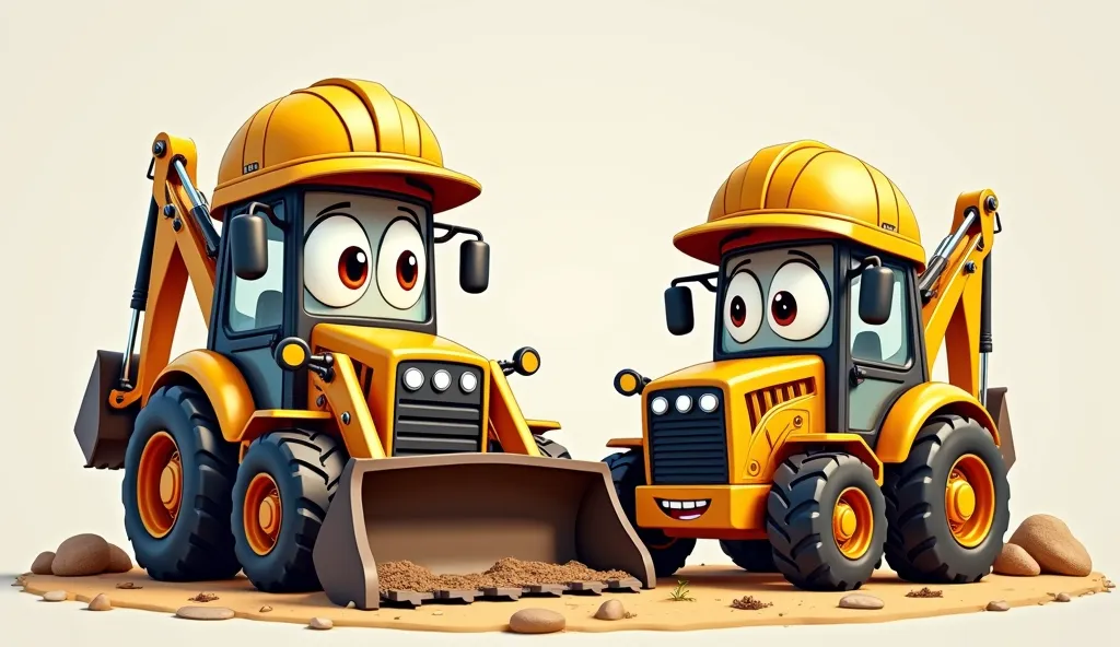 Masterpiece, cartoon-style characters , pixar drawing style, characters male backhoe loader model 420 with eyes, arms and big mouth on the spoon, Wear a helmet, and female character backhoe model 320 with eyes with long eyelashes, arms and big mouth on the...