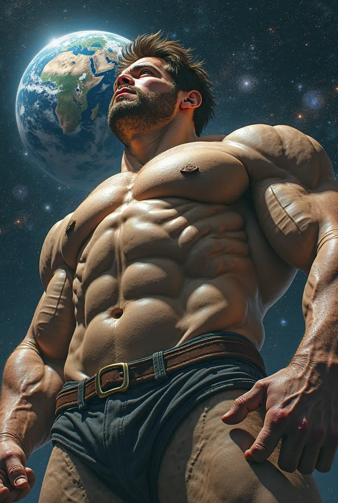 An even more colossal, hyper-muscular being, so massive that the Earth is positioned where its nipple would be. The being has brown hair, beige skin, and an overwhelmingly muscular physique with exaggerated veins and definition. The perspective is dramatic...