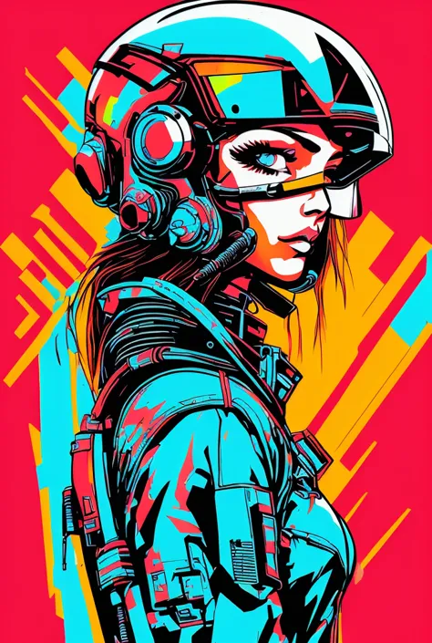 (masterpiece,best quality,ultra detailed,ultra high res,detailed background),((cyberpunk)),((flat color)),((colorful)),(1girl),pilot,pilot helmet,pilot jacket,looking at viewer,solo,upper body,colored background,high contrast,contrasting colors,cowboy shot...