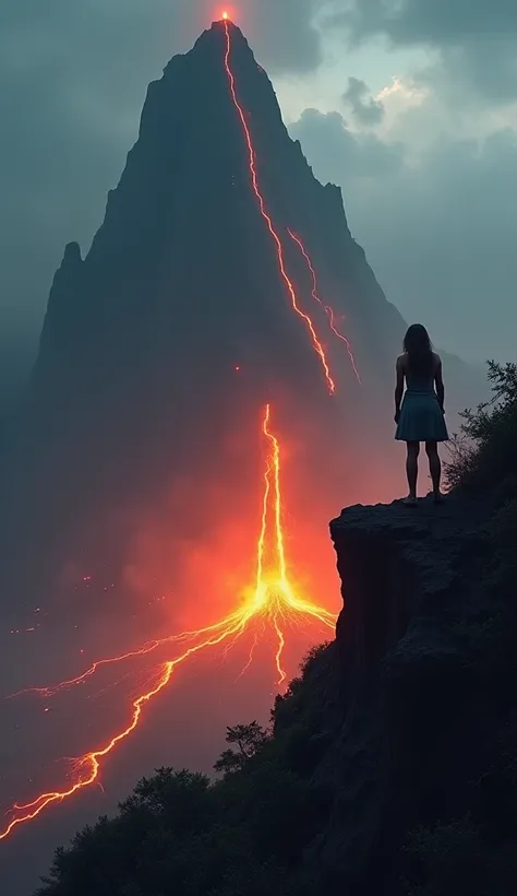 a wide shot of the towering mountain and the volcano boiling below it, with dark lighting highlighting the imminent danger. The girl is standing on the edge of the mountain, struggling to maintain her balance. Suddenly, the monster alien appears out of the...