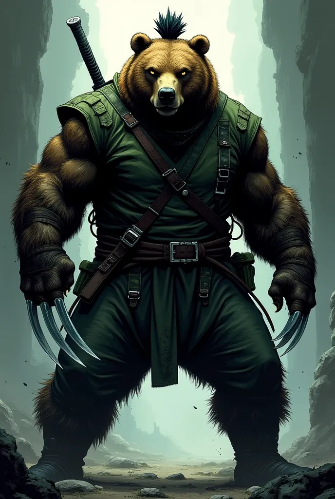 Comic: Kodiak bear Shinobi with black topknot, camo green outfit, black pants and black boots. He wields long ninja claws.