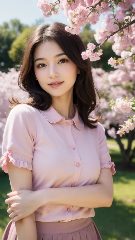  Japanese Beauty、18 years old、 the whole body is shown、Sit in front of a cherry tree、pink shirt with open chest、short skirt、shortcut from elbow to hand