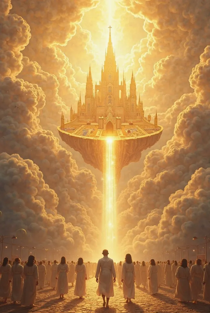 A glorious vision of the Kingdom of God: an ethereal city floating among the clouds, with golden towers, radiant waterfalls, and streets paved with light. People dressed in white robes walk peacefully, their faces glowing with joy and serenity. The entire ...