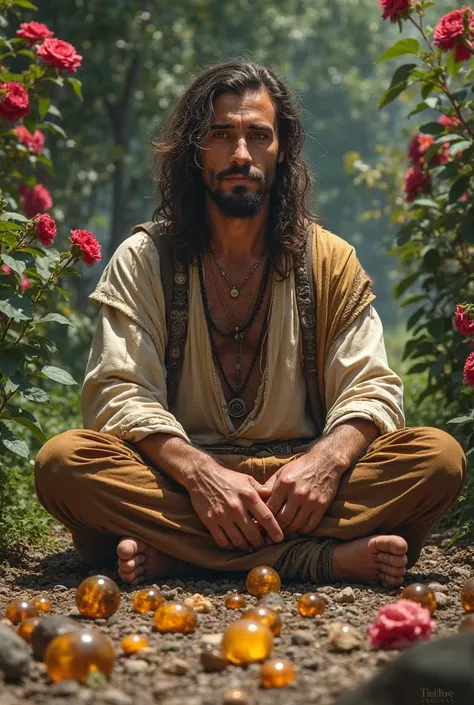  a young gypsy man in his 30s sitting on the ground barefoot in a garden with black-petaled roses , And on the ground a lot of crystals tiger eye
