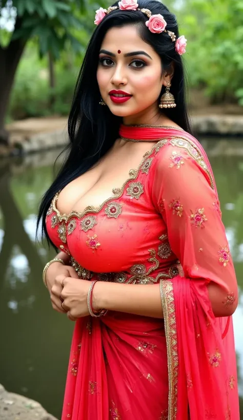 full body view, dynamic angle, an Indian volptous thick milf, having shower, bathing, near pond, jungle, village area, with lust in her eyes, black hair tied around, jasmin flowers in head,sandal mark on forehead, sindhur on forehead (vermilion mark on for...