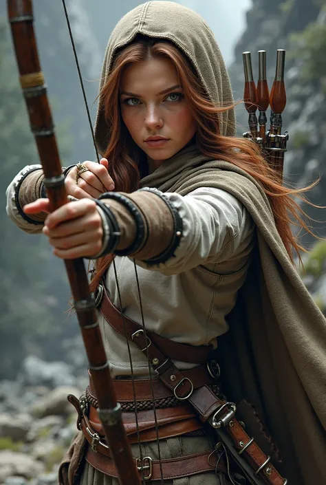 Woman archer,  brown hair,  with braids, longbow, accessories two daggers at the waist, hood