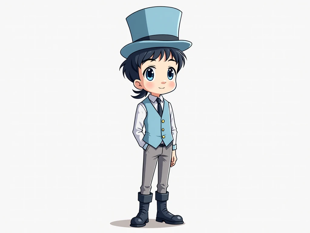 A young man, slim pale body, long side bangs, mullet, dark blue eyes, cute face with a button nose, wearing a blue collared shirt with light blue waistcoat, gray trousers and black boots with light blue top hat. Anime
