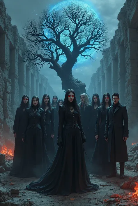 7 female vampires dressed in black and 5 vampires, black trench coat,with red eyes on a ruined acropolis and as a background a black apple tree and blue runes and flames and everything is dark