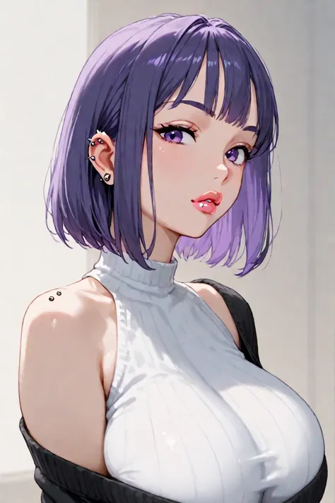 Cute girl with purple hair, short hair, 1 piercing on her lips, big breasts, clothes showing off her shoulders