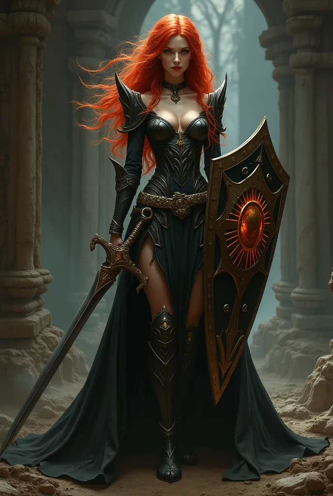  Woman with demonic appearance ( Sucube - Tiflin by DnD) redheaded measuring 88/54/67 wearing paladin clothes, a sword and shield with solar symbolism