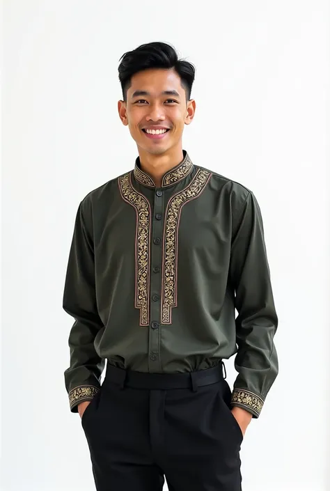 25-year-old Indonesian black haired man with a bright white smile wearing an Islamic shirt and black trousers. plain white background. Photo pose standing facing the camera. 8K HD real photo 