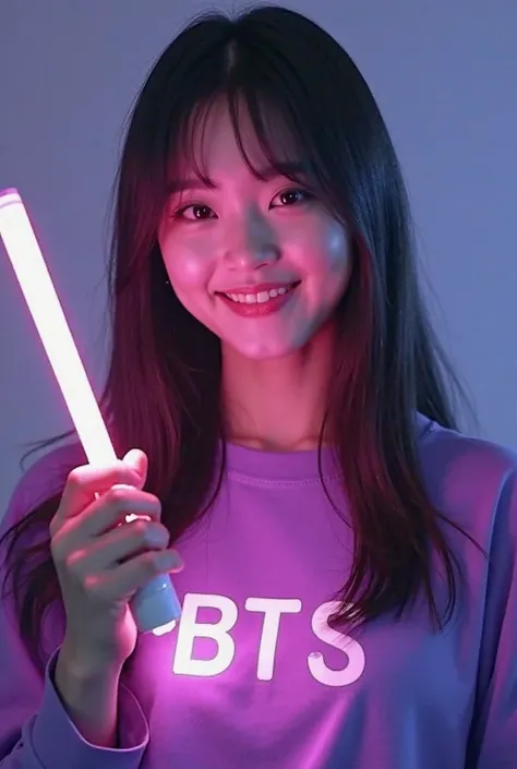 A fairy-like Korean woman bts army who smiles gracefully and is beautiful she wears a purple colored shirt that says bts her long straight hair in her hands holding a BTS Light Stick 

Generate by ultra SD flux
