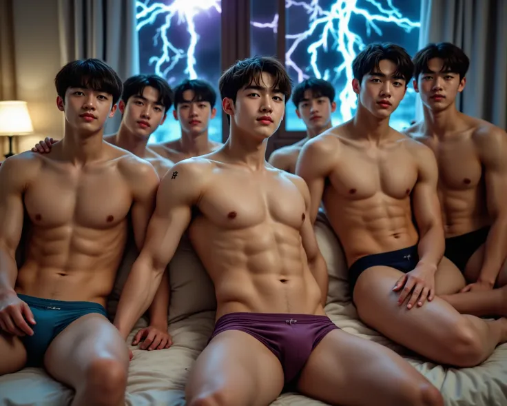 （1 Group of Korean Handsome Male Star High School Students），(Chest Full )，（STEREO ABDOMINAL MUSCLE），（ delicate cute face ），，inverted triangle body，Five-Toe ， five fingers，Crotch Full of Details，High Resolution, masterpiece, anatomically correct, precise,  ...