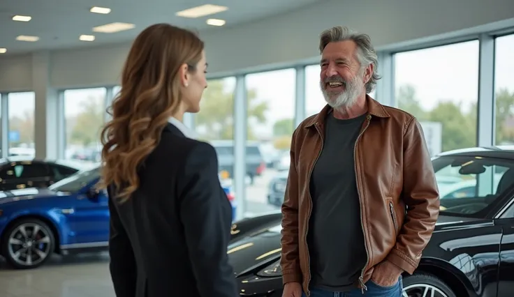 A confident car dealership manager, a professional-looking woman in a black suit, stands in a modern luxury car showroom, unknowingly dismissing Robin Williams, who is the new owner. Robin Williams, an older man with wavy gray hair, a warm smile, and expre...