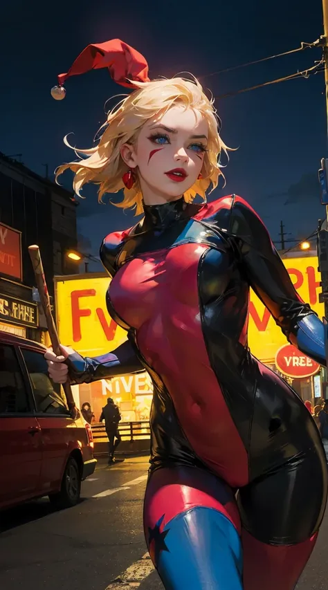 woman attacking with a giant mallet, night city, neon lights, city in chaos, perfect body, ghotam, light reflection, high definition,harley quinn, bodysuit, 1 girl, solo, jester cap, blue eyes, lipstick, face paint,krekkov style