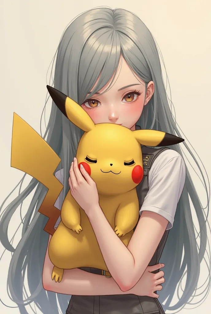 Guirl anime long gray hair white skin fashion short sleeve hugging Pikachu the girl is 29 years old